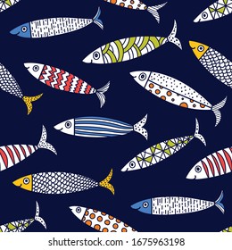 Cute fish.  Kids background. Coloring seamless pattern. Can be used in textile industry, paper, background, scrapbooking.