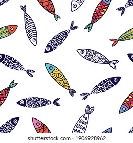 Cute fish.  Kids background. Coloring seamless pattern. Can be used in textile industry, paper, background, scrapbooking.