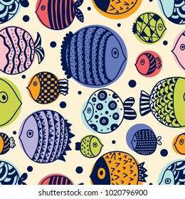 Cute fish.  Kids background. Seamless pattern.