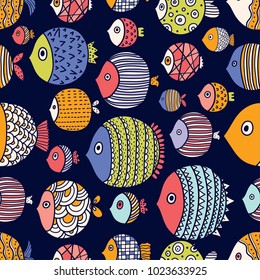 Cute fish.  Kids background. Seamless pattern.