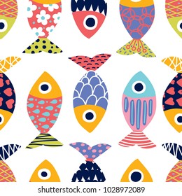 Cute fish.  Kids background. Seamless pattern.