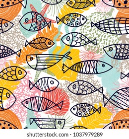 Cute fish.  Kids background. Seamless pattern.