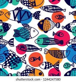 Cute fish.  Kids background. Seamless pattern. Can be used in textile industry, paper, background, scrapbooking.