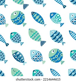 Geruchter Fisch. Kinderhintergrund. Nahtloses Muster. Kann in der Textilindustrie, Papier, Hintergrund, Scrapbooking verwendet werden.