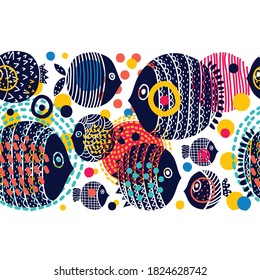 Cute fish. Kids background. Vector seamless horizontal border with fish.