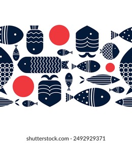 Cute fish. Kids background. Vector seamless horizontal border with fish.