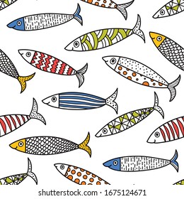 Cute fish.  Kids lbackground. Coloring seamless pattern. Can be used in textile industry, paper, background, scrapbooking.