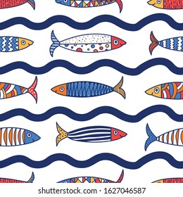 Cute fish.  Kids lbackground. Seamless pattern. Can be used in textile industry, paper, background, scrapbooking.