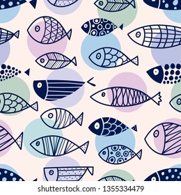 Cute fish.  Kids line background. Seamless pattern. Can be used in textile industry, paper, background, scrapbooking.