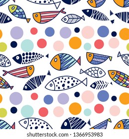 Cute fish.  Kids line background. Seamless pattern. Can be used in textile industry, paper, background, scrapbooking.