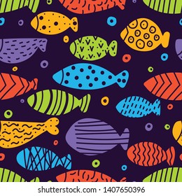 Cute fish.  Kids line background. Seamless pattern. Can be used in textile industry, paper, background, scrapbooking.