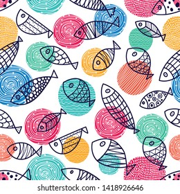 Cute fish.  Kids line background. Seamless pattern. Can be used in textile industry, paper, background, scrapbooking.