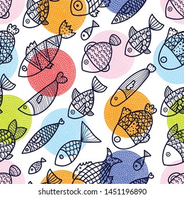 Cute fish.  Kids line background. Seamless pattern. Can be used in textile industry, paper, background, scrapbooking.