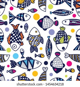 Cute fish.  Kids line background. Seamless pattern. Can be used in textile industry, paper, background, scrapbooking.