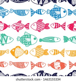 Cute fish.  Kids line background. Seamless pattern. Can be used in textile industry, paper, background, scrapbooking.