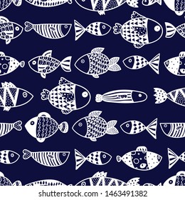 Cute fish.  Kids line background. Seamless pattern. Can be used in textile industry, paper, background, scrapbooking.