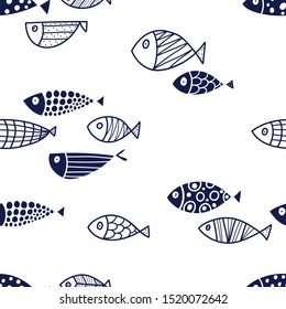 Cute fish.  Kids line background. Seamless pattern. Can be used in textile industry, paper, background, scrapbooking.