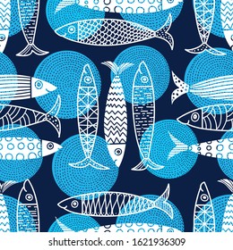 Cute fish.  Kids line background. Seamless pattern. Can be used in textile industry, paper, background, scrapbooking.