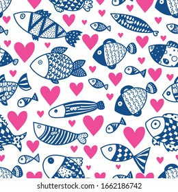 Cute fish.  Kids line background. Seamless pattern. Can be used in textile industry, paper, background, scrapbooking.