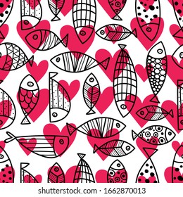 Cute fish.  Kids line background. Seamless pattern. Can be used in textile industry, paper, background, scrapbooking.