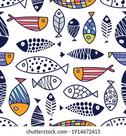 Cute fish.  Kids line background. Seamless pattern. Can be used in textile industry, paper, background, scrapbooking.