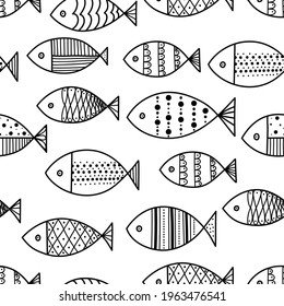 Cute fish.  Kids line background. Seamless pattern. Can be used in textile industry, paper, background, scrapbooking.