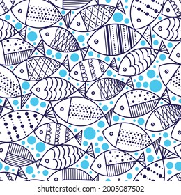 Cute fish.  Kids line background. Seamless pattern. Can be used in textile industry, paper, background, scrapbooking.
