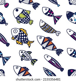 Cute fish.  Kids line background. Seamless pattern. Can be used in textile industry, paper, background, scrapbooking.