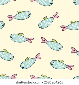 Cute fish kids seamless pattern design, textile fabric print or wrapping paper background vector illustration