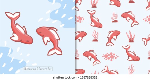 CUTE FISH KOI ANIMAL SEAMLESS PATTERN WITH ILLUSTRATION SET FOR BABY SHOWER