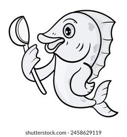 Cute Fish Line Cartoon Illustration. Animal Food Icon Concept Isolated Premium Vector. Flat Cartoon Style coloring page