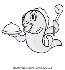 Cute Fish Line Cartoon Illustration. Animal Food Icon Concept Isolated Premium Vector. Flat Cartoon Style coloring page