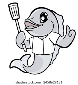 Cute Fish Line Cartoon Illustration. Animal Food Icon Concept Isolated Premium Vector. Flat Cartoon Style coloring page