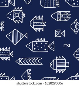 Cute fish.  Line vector seamless pattern.