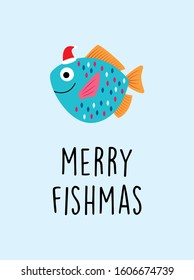 cute fish merry christmas greeting card vector