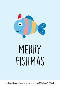 cute fish merry christmas greeting card vector