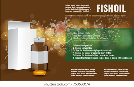 Cute Fish oil ads layout design template with chemical background. Illustrated vector.