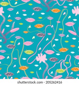 Cute Fish on the seabed. Marine seamless pattern. Sea illustration.