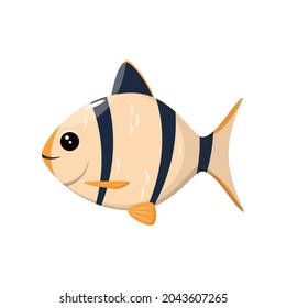 Pescado fresco en un fondo blanco. Ilustración infantil en forma de caricatura.
