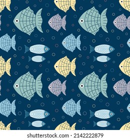 Cute fish pattern on a dark blue background for the design of textiles, children's clothing, wrapping paper.