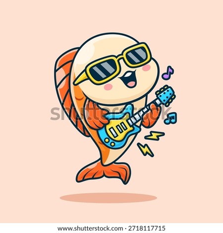 Cute Fish Playing Electric Guitar Cartoon Vector Icon Illustration. Animal Music Icon Concept Isolated Premium Vector. Flat Cartoon Style