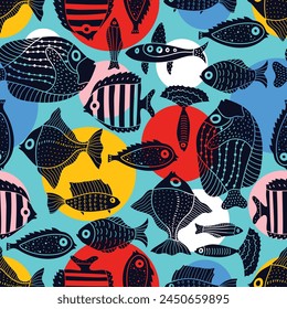 Cute fish and polka dot. Kids background. Seamless pattern. Can be used in textile industry, paper, background, scrapbooking.