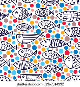 Cute fish and polka dots. Kids line background. Seamless pattern. Can be used in textile industry, paper, background, scrapbooking.