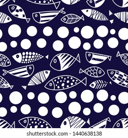 Cute fish and polka dots. Kids line background. Seamless pattern. Can be used in textile industry, paper, background, scrapbooking.