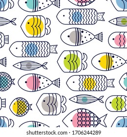 Cute fish, cute polka dots. Line vector seamless pattern.