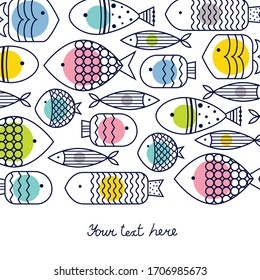 Cute fish, cute polka dots. Line vector card.