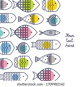 Cute fish, cute polka dots. Line vector card.