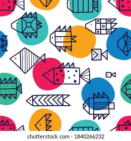 Cute fish and polka dots.  Line vector seamless pattern. Can be used in textile industry, paper, background, scrapbooking.