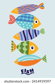 Cute fish poster. Sea illustration.