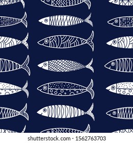 Cute fish. Sardines. Kids line background. Seamless pattern. Can be used in textile industry, paper, background, scrapbooking.